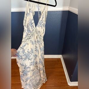 Chic Backless Cream and Blue Floral Dress